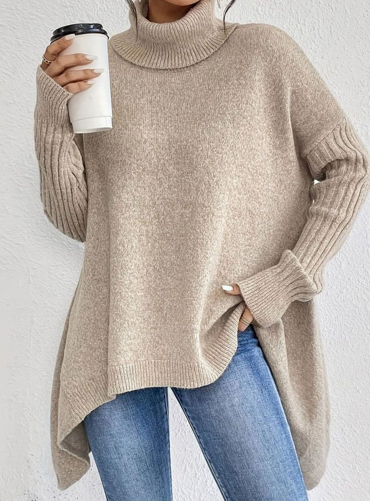 Women's Oversized Cashmere Turtleneck High-Low Hem Sweater - Apricot