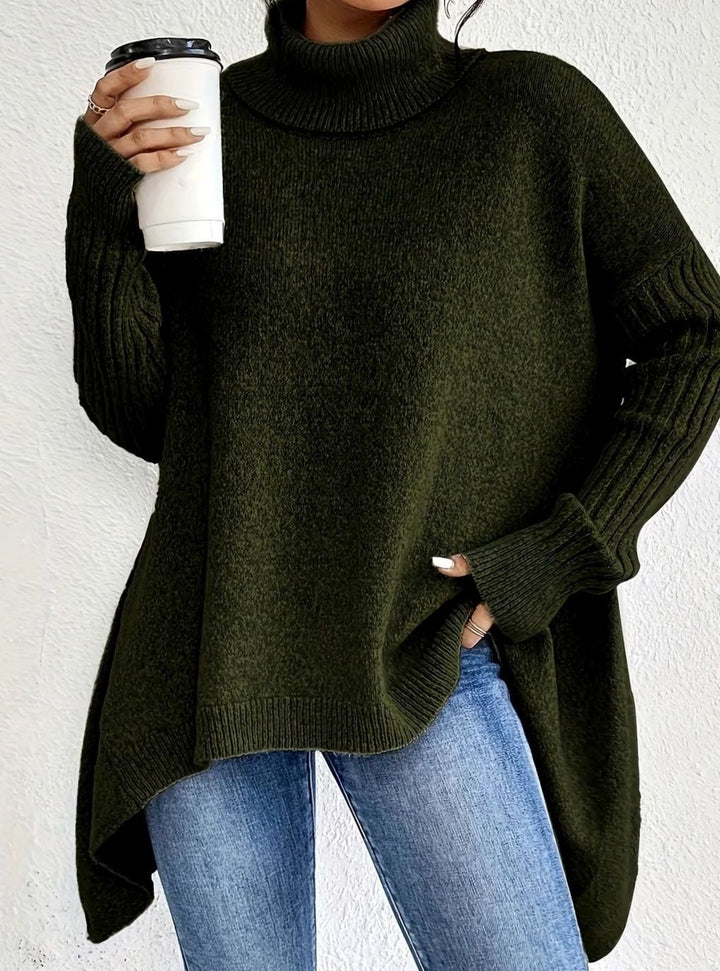 Women's Oversized Cashmere Turtleneck High-Low Hem Sweater - Dark Green