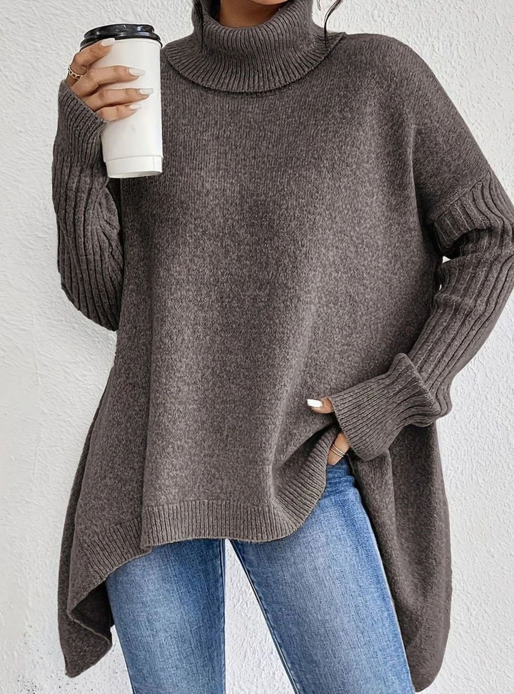 Women's Oversized Cashmere Turtleneck High-Low Hem Sweater - Light Brown