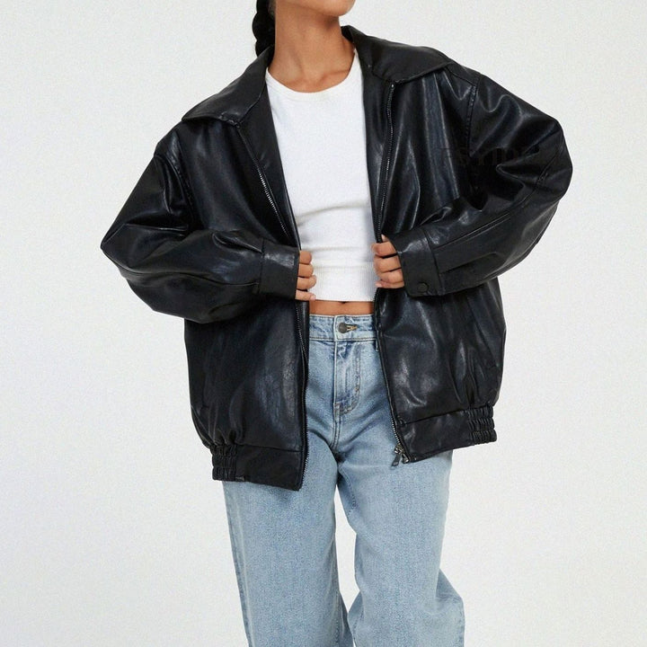 Women's Oversized Casual Fit Faux Leather Zip-Up Trendy Jacket