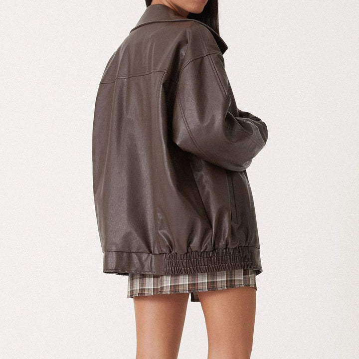 Women's Oversized Casual Fit Faux Leather Zip-Up Trendy Jacket