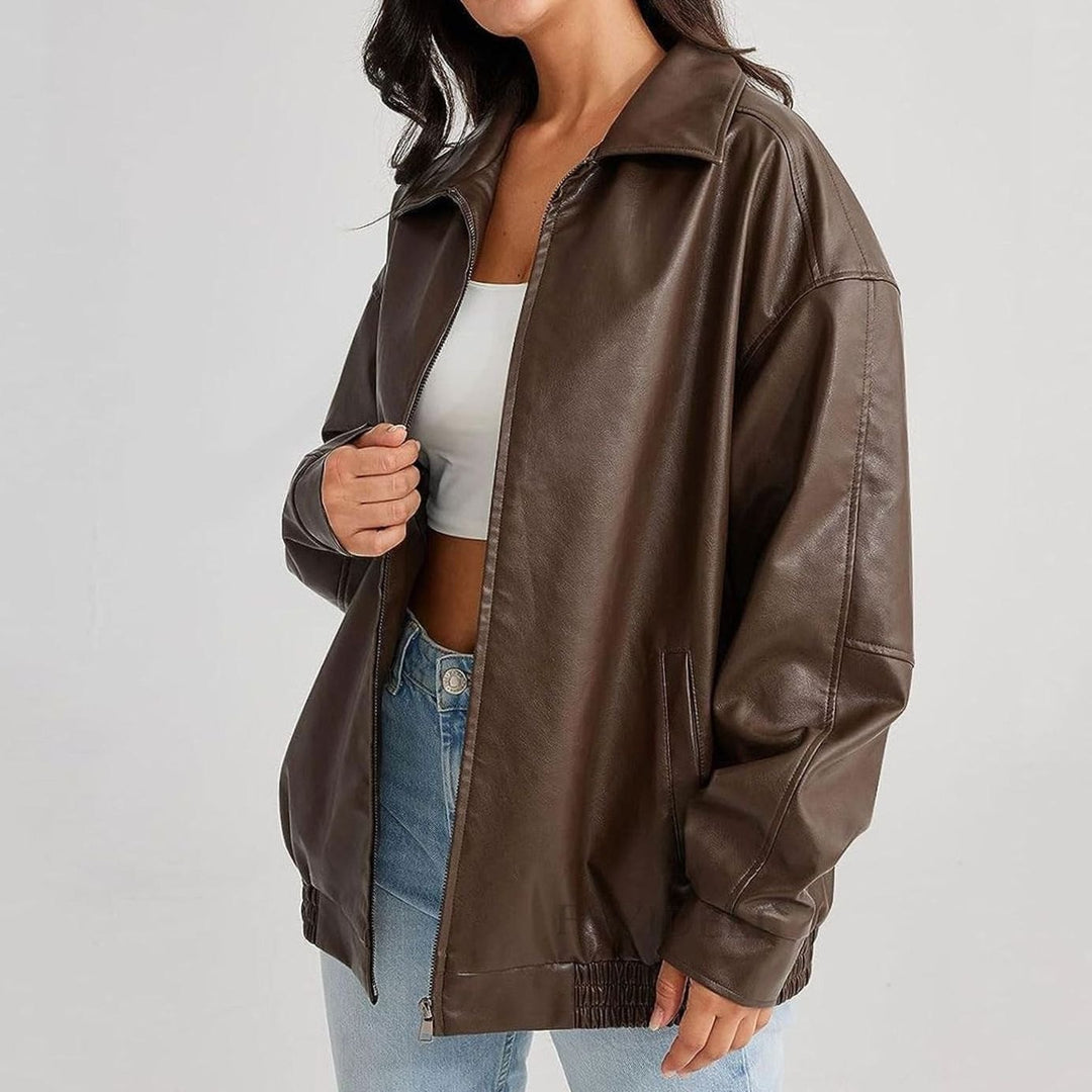 Women's Oversized Casual Fit Faux Leather Zip-Up Trendy Jacket - Brown