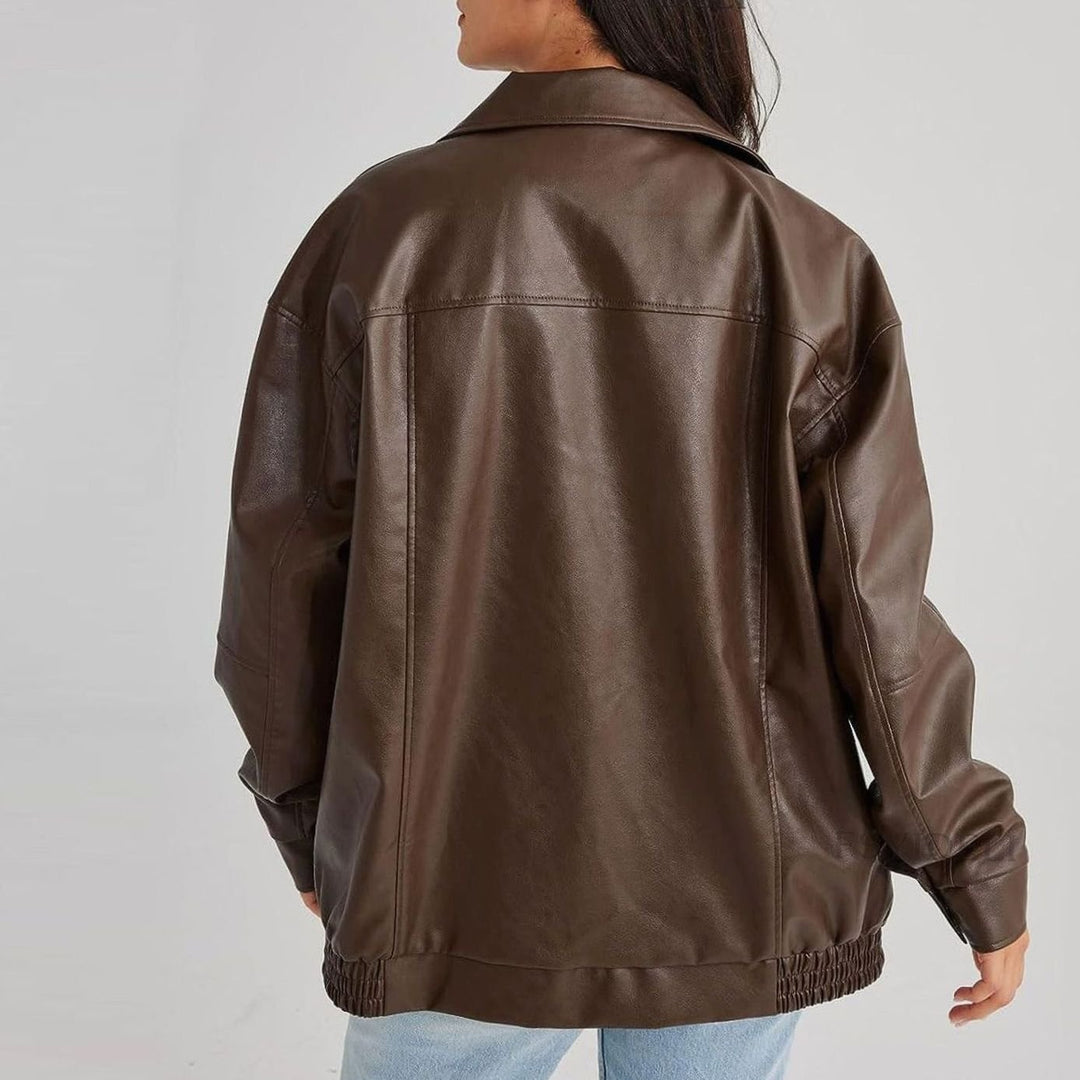 Women's Oversized Casual Fit Faux Leather Zip-Up Trendy Jacket