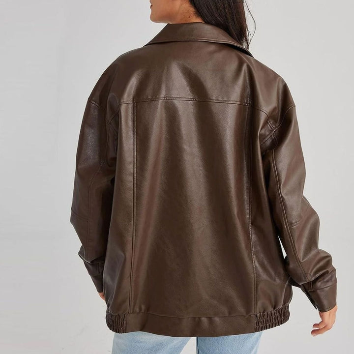 Women's Oversized Casual Fit Faux Leather Zip-Up Trendy Jacket