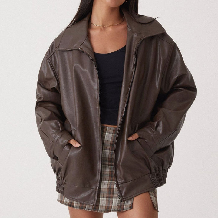 Women's Oversized Casual Fit Faux Leather Zip-Up Trendy Jacket