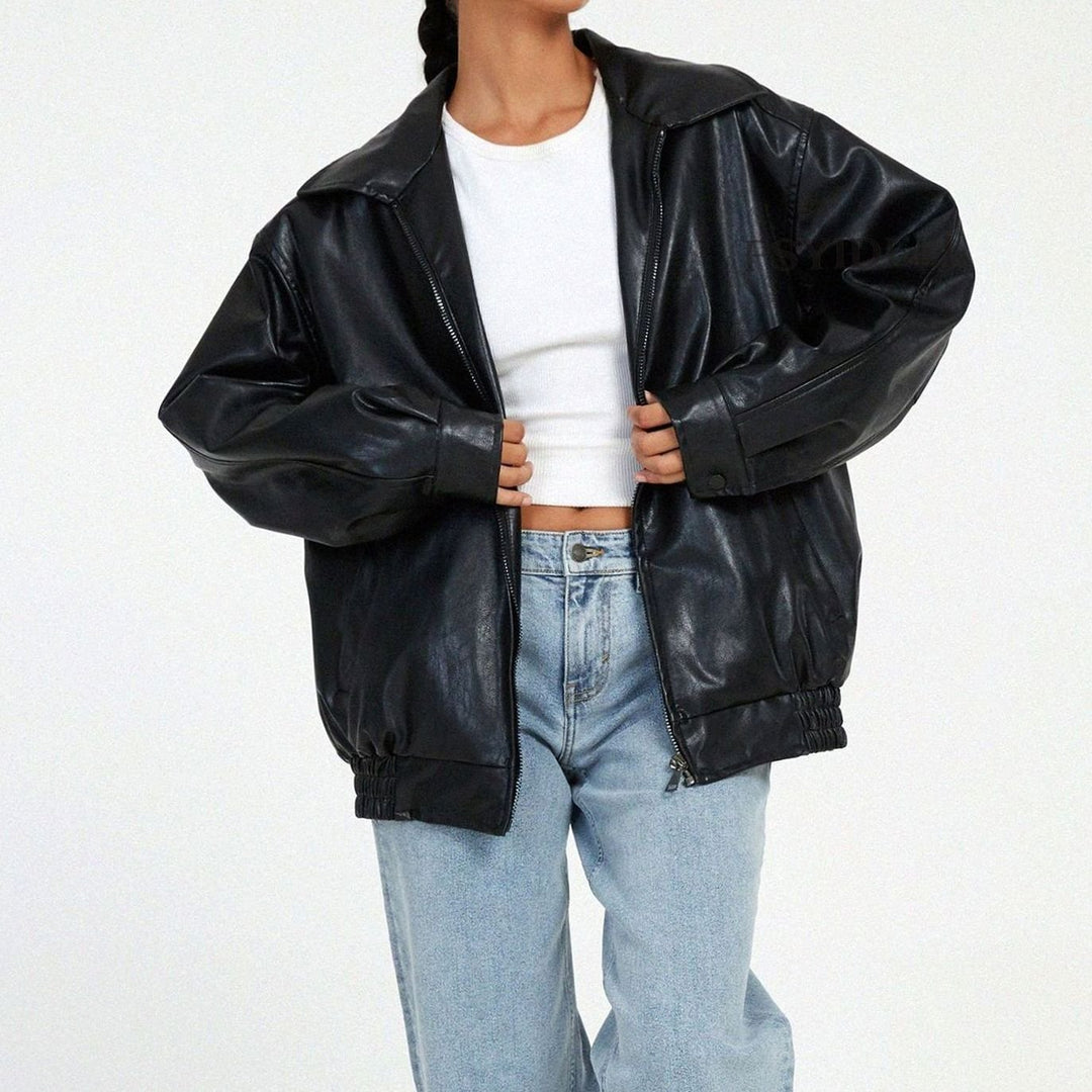 Women's Oversized Casual Fit Faux Leather Zip-Up Trendy Jacket - Black