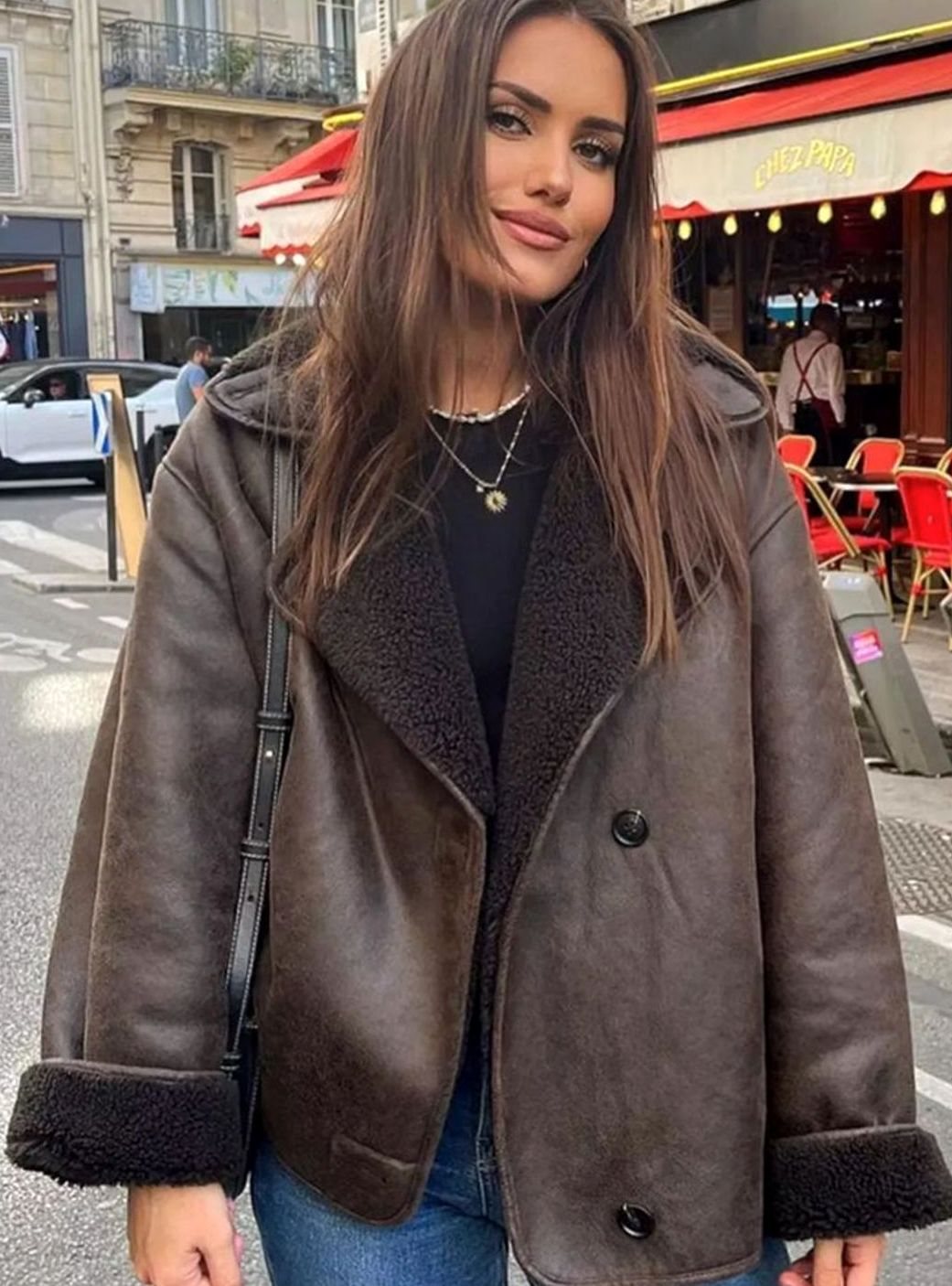 Women's Oversized Double-Breasted Shearling-Lined Suede Jacket - Brown