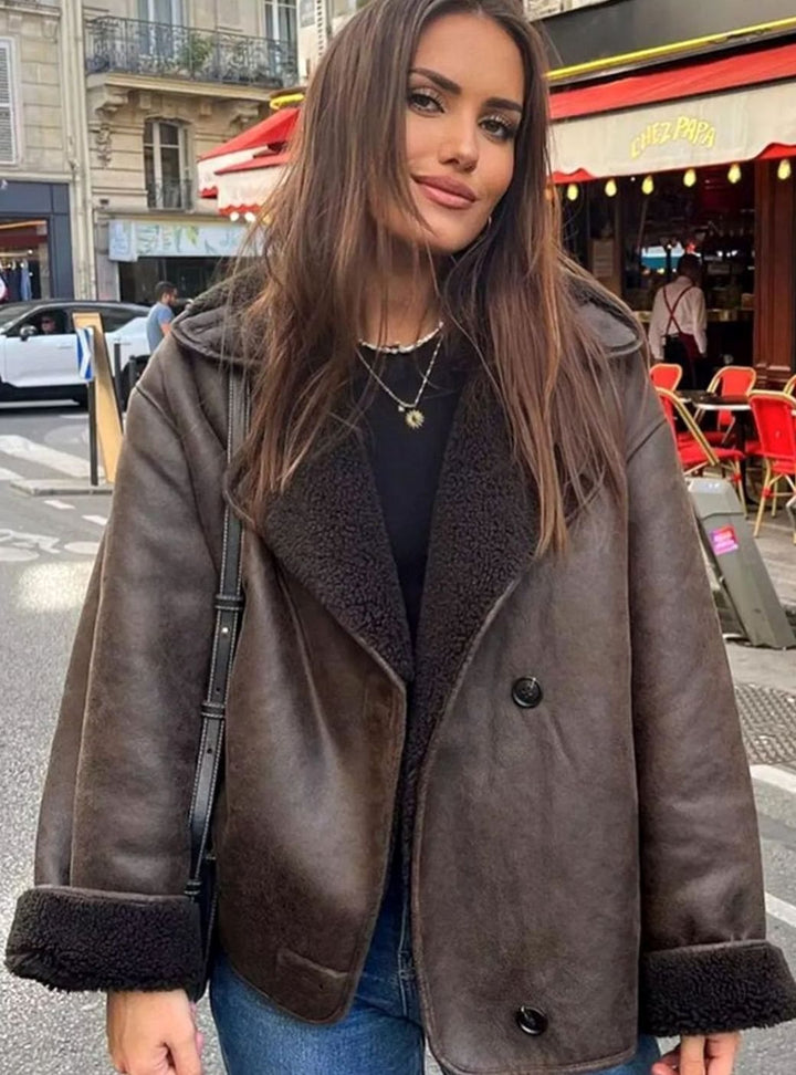 Women's Oversized Double-Breasted Shearling-Lined Suede Jacket - Brown
