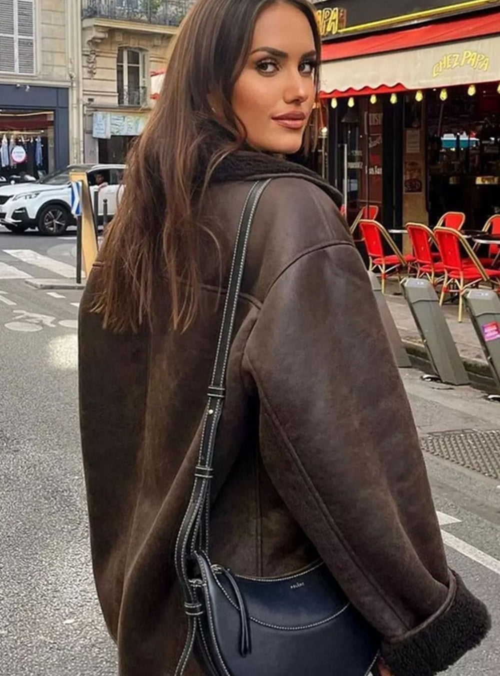 Women's Oversized Double-Breasted Shearling-Lined Suede Jacket