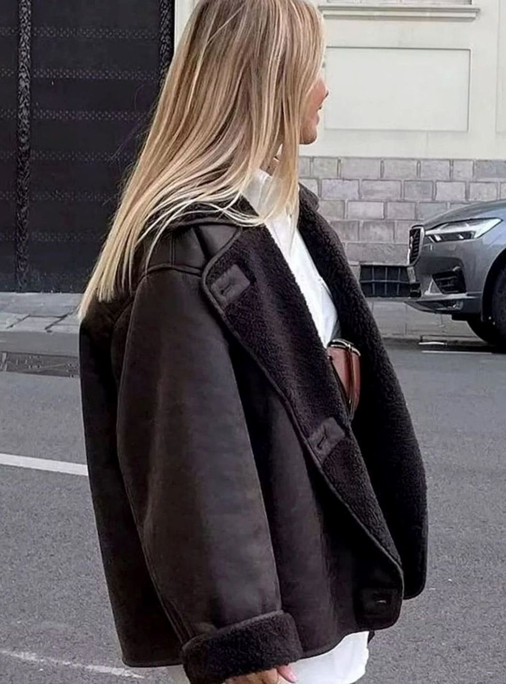 Women's Oversized Double-Breasted Shearling-Lined Suede Jacket