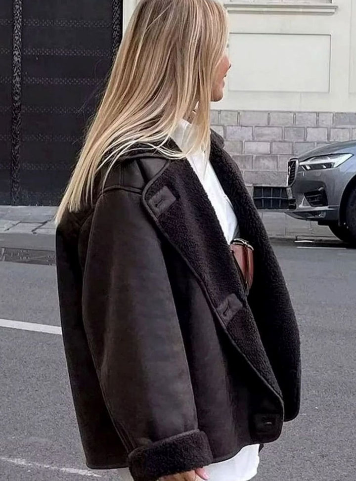Women's Oversized Double-Breasted Shearling-Lined Suede Jacket