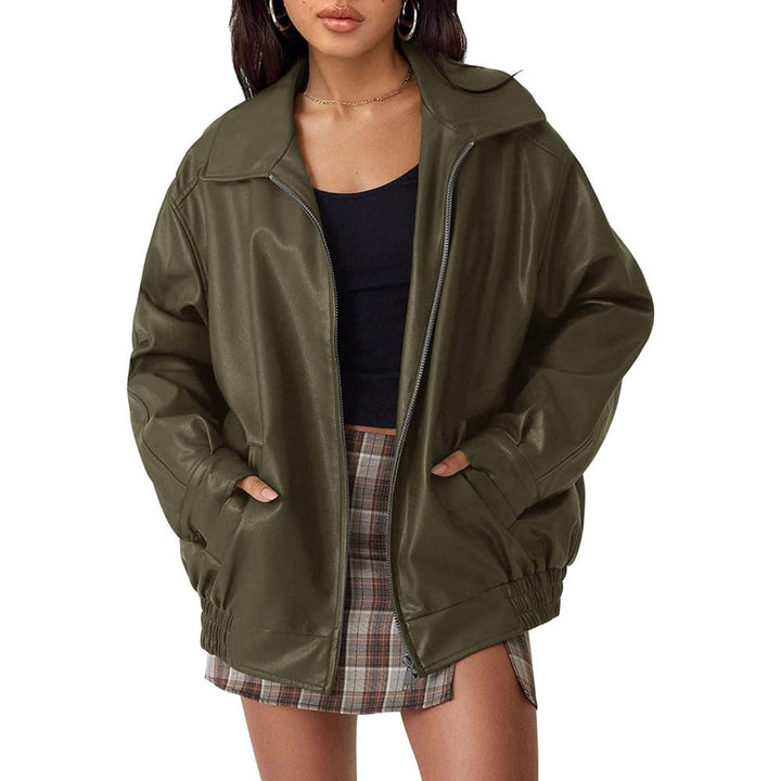 Women's Oversized Faux Leather Bomber Jacket Zip-Up - Olive Green