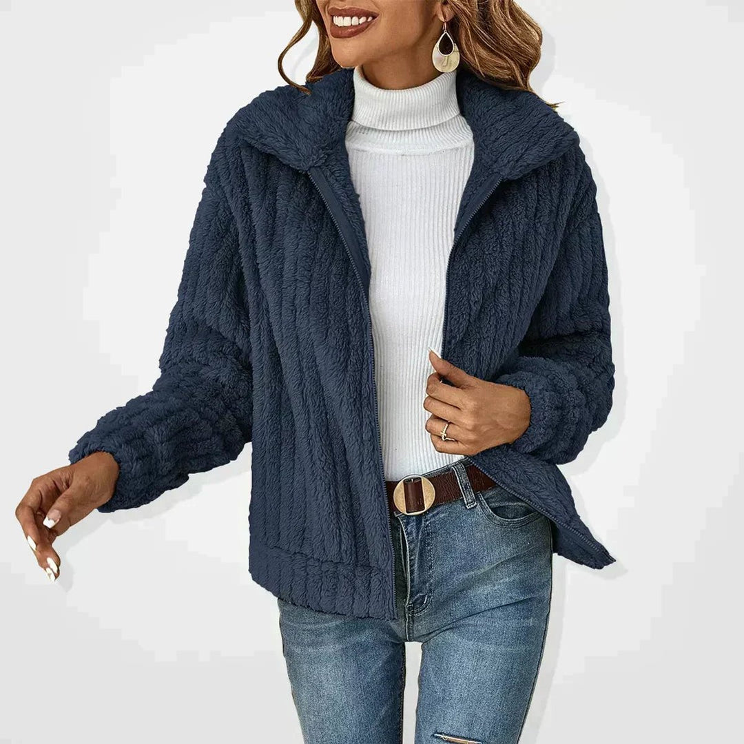 Women's Oversized Fluffy Zip-Up Sherpa Cardigan Jacket - Navy Blue