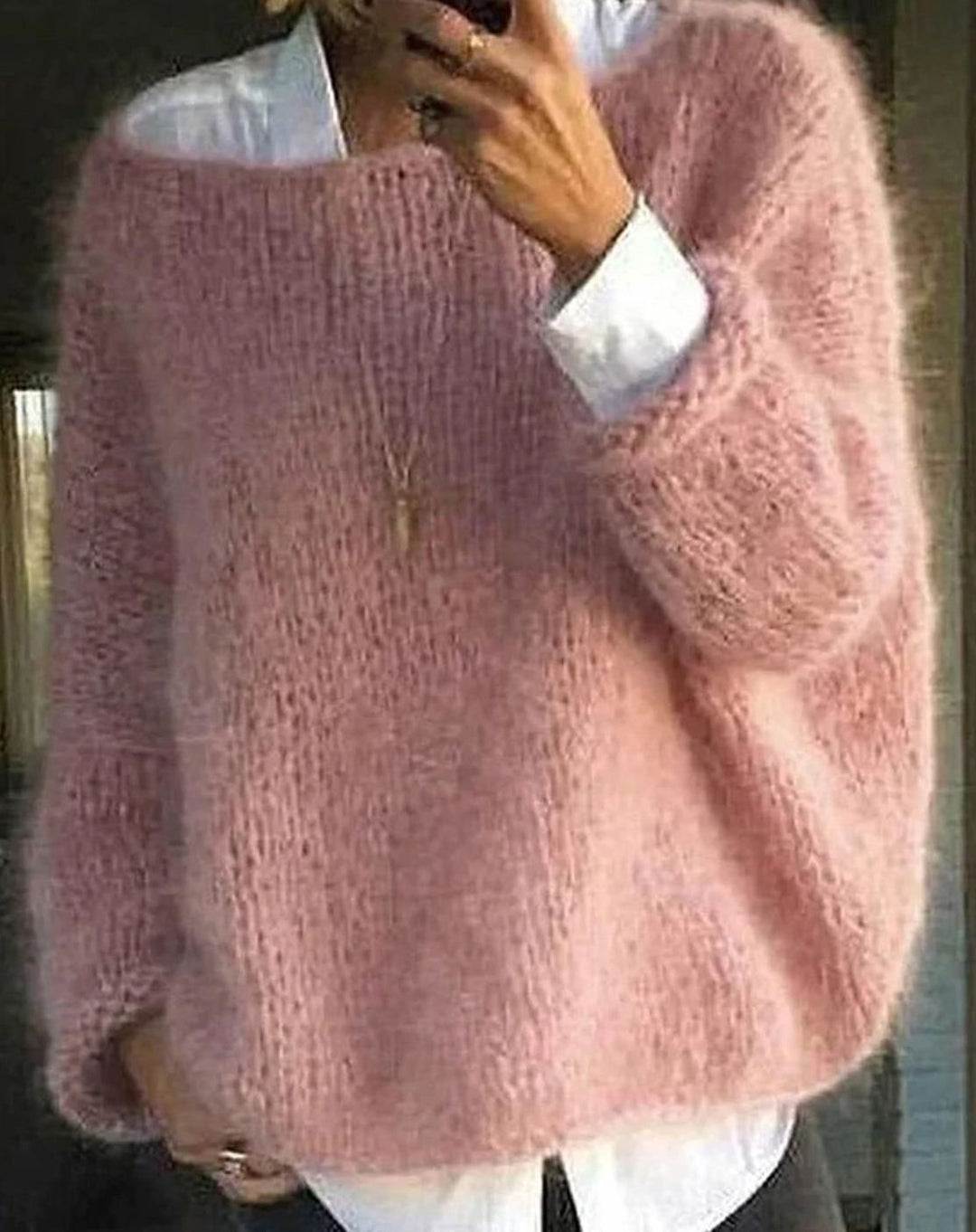 Women's Oversized Fuzzy Long Sleeve Knit Sweater - Pink
