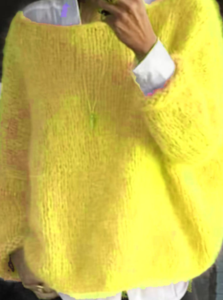 Women's Oversized Fuzzy Long Sleeve Knit Sweater - Yellow