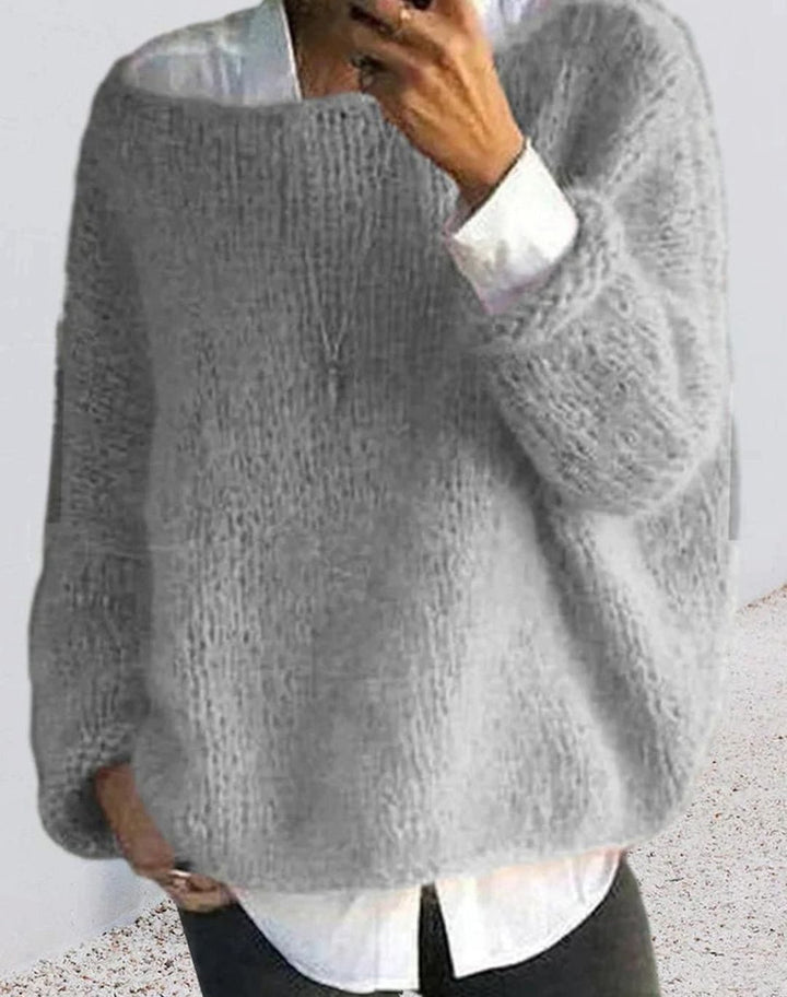 Women's Oversized Fuzzy Long Sleeve Knit Sweater - Grey