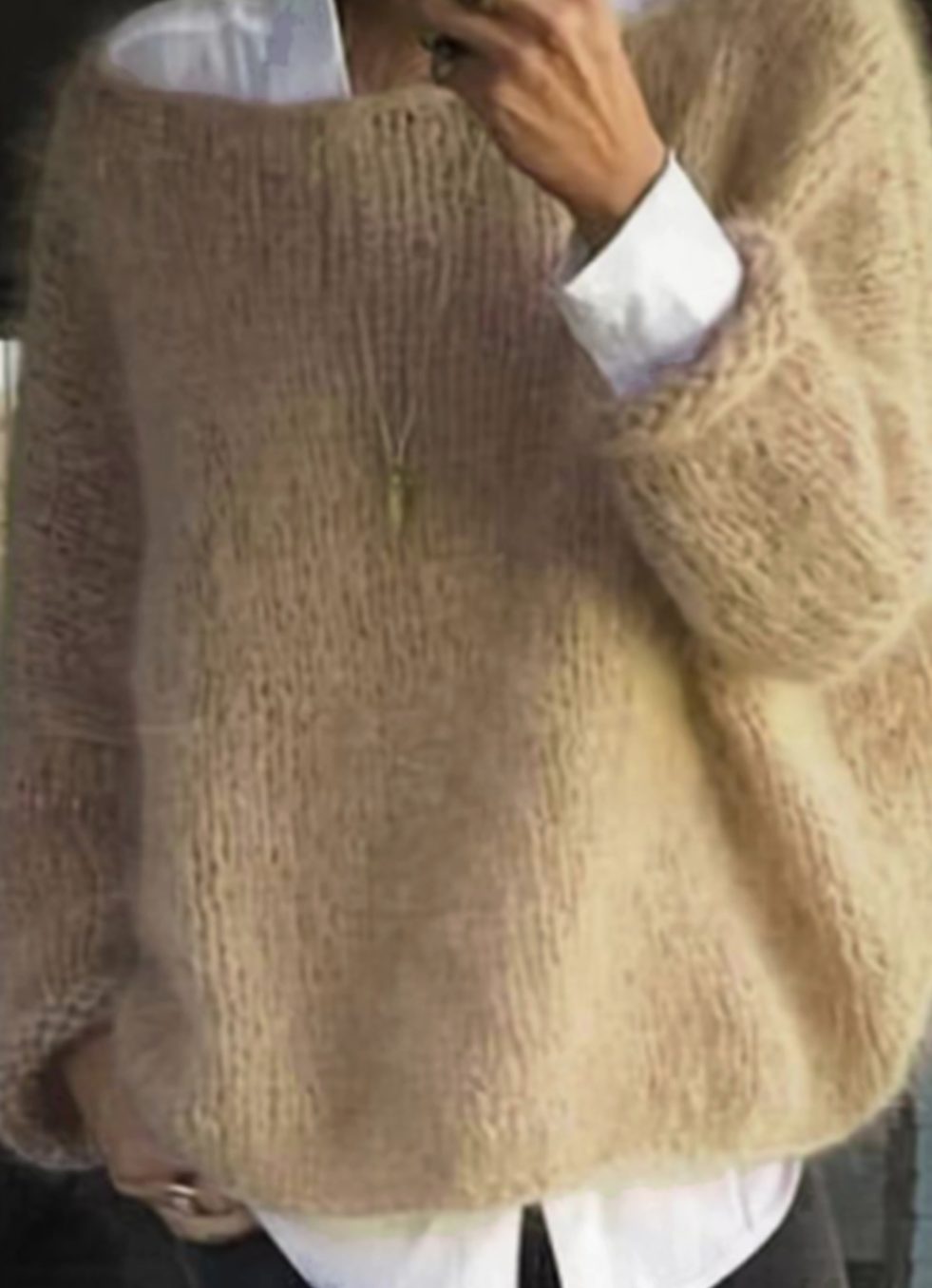 Women's Oversized Fuzzy Long Sleeve Knit Sweater - Khaki
