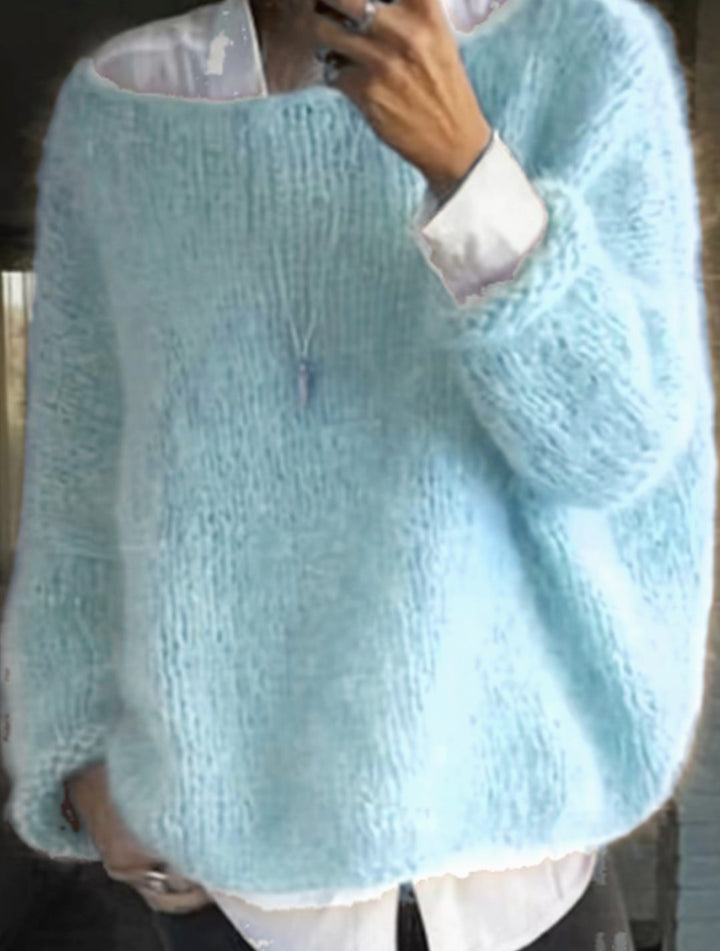Women's Oversized Fuzzy Long Sleeve Knit Sweater - Light Blue