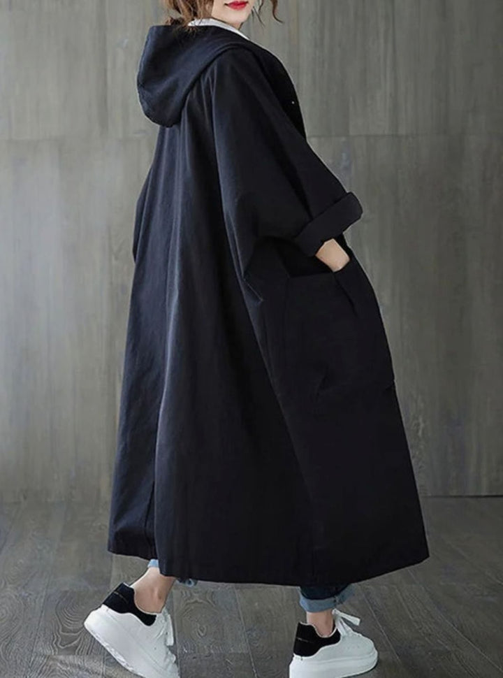 Women's Oversized Hooded Longline Casual Coat - Black