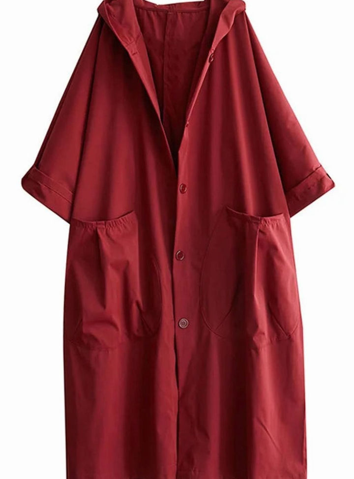 Women's Oversized Hooded Longline Casual Coat - Red