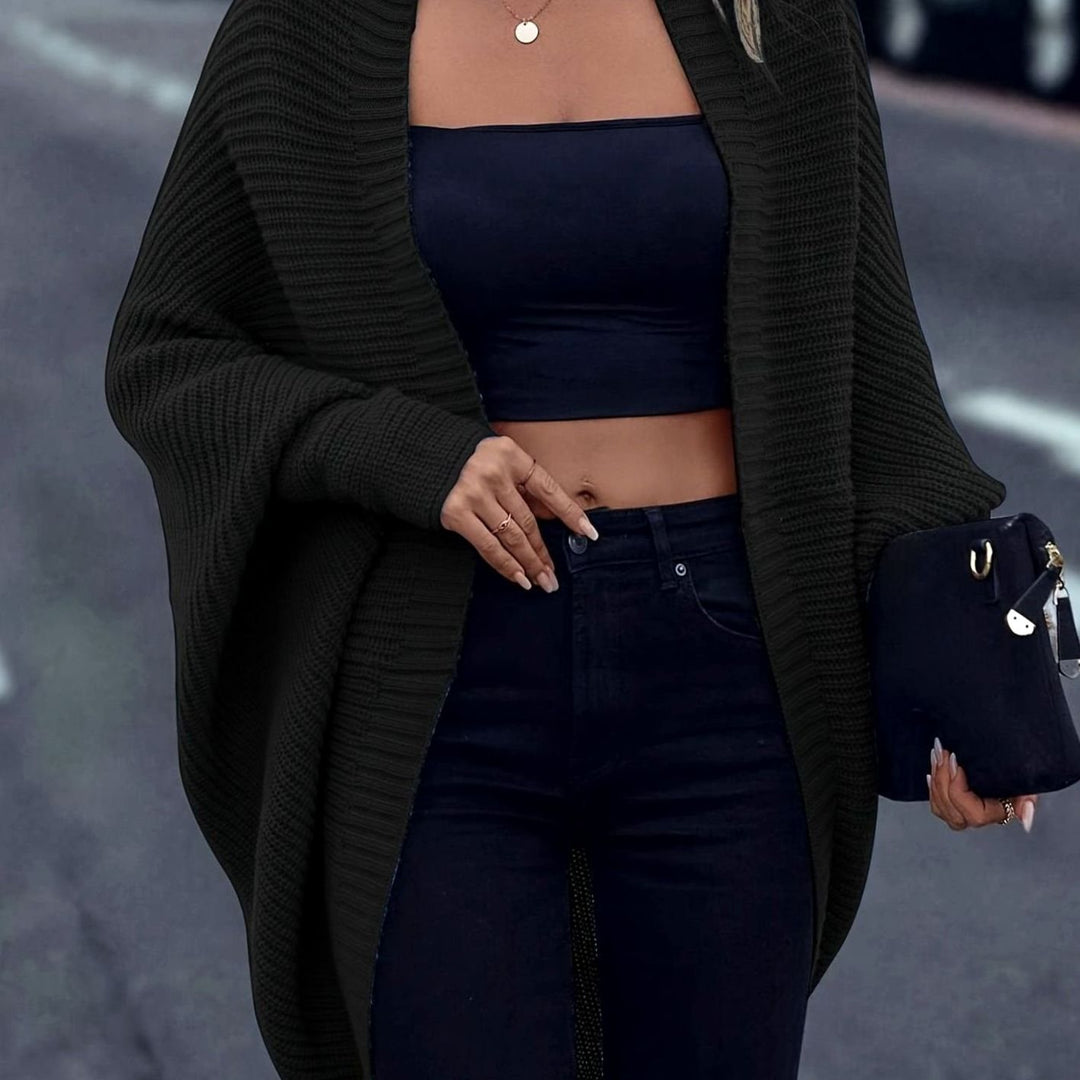 Women's Oversized Longline Batwing-Sleeve Open-Front Cardigan - Black
