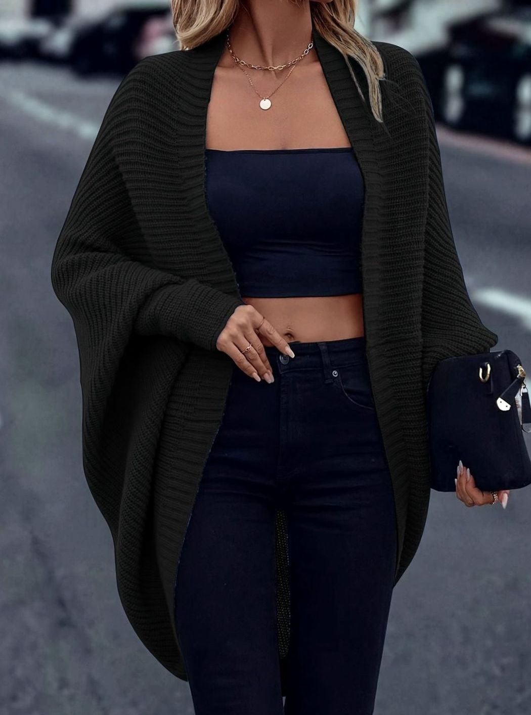 Women's Oversized Longline Batwing-Sleeve Open-Front Cardigan