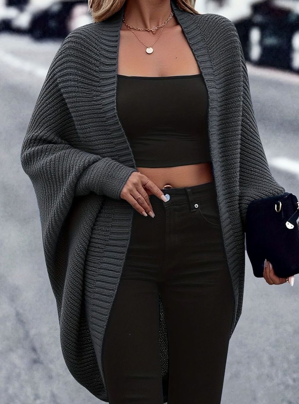 Women's Oversized Longline Batwing-Sleeve Open-Front Cardigan