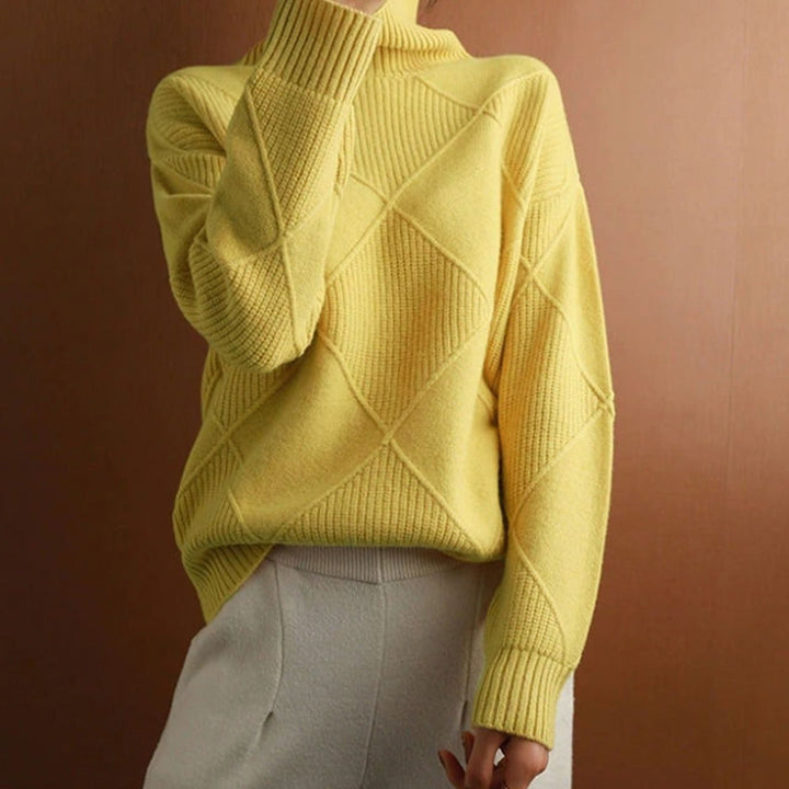 Women's Oversized Mock-Neck Diamond-Texture Knit Sweater - Yellow