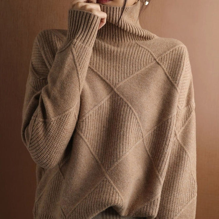 Women's Oversized Mock-Neck Diamond-Texture Knit Sweater - Brown