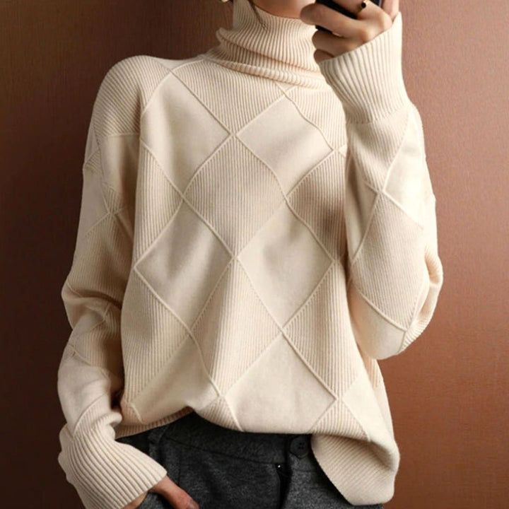 Women's Oversized Mock-Neck Diamond-Texture Knit Sweater - Beige