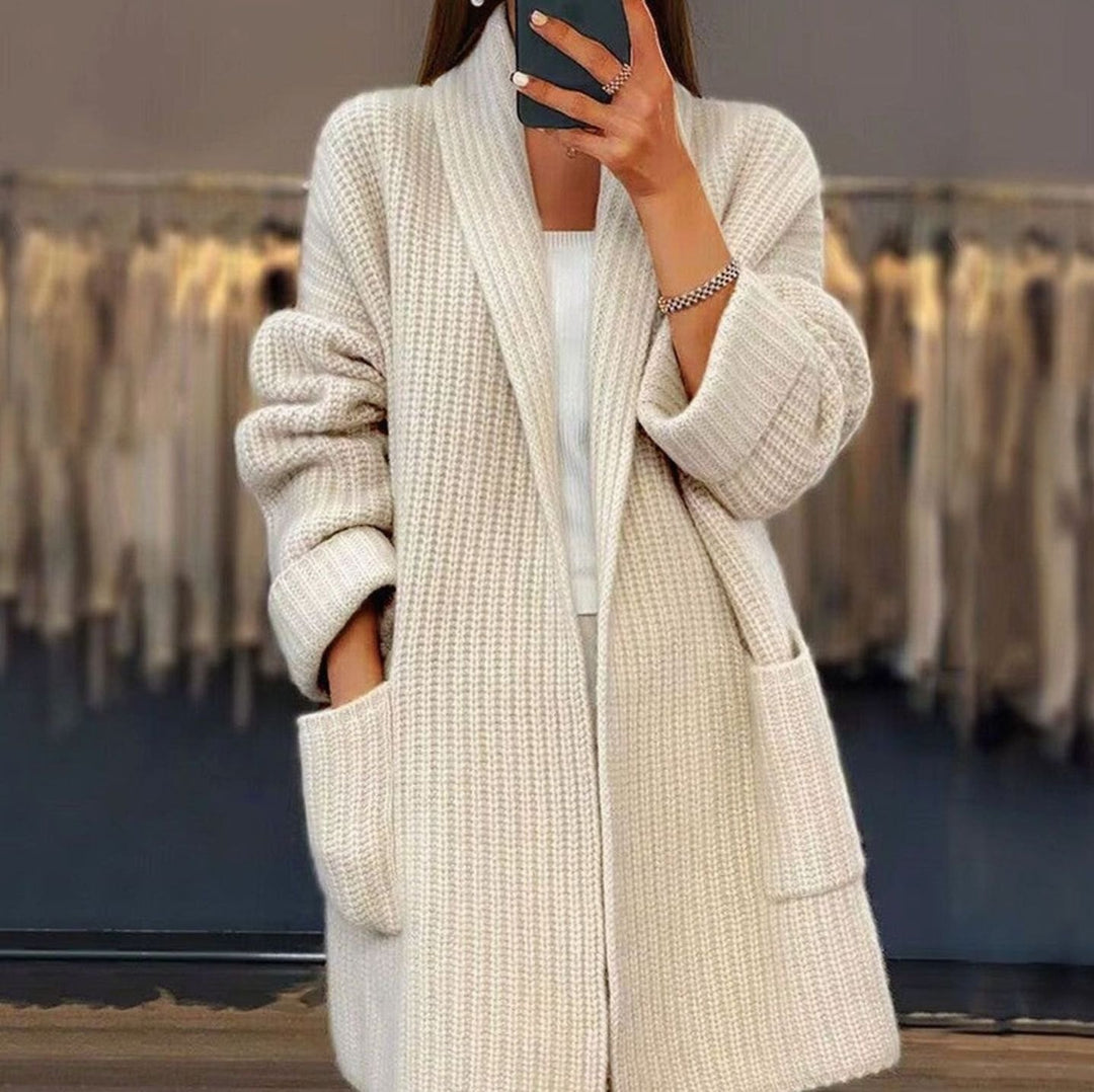 Women's Oversized Relaxed Fit Cardigan Open Front Knit Pockets - Apricot