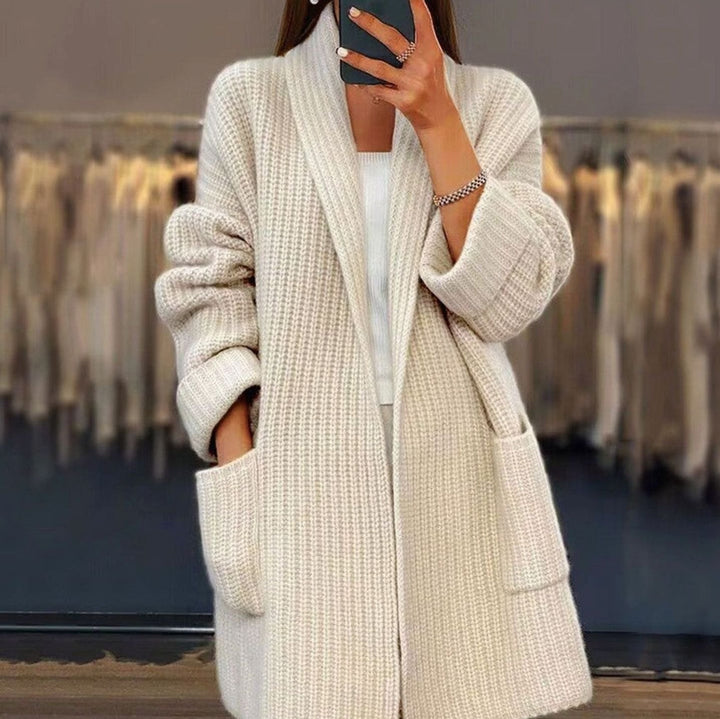 Women's Oversized Relaxed Fit Cardigan Open Front Knit Pockets - Apricot