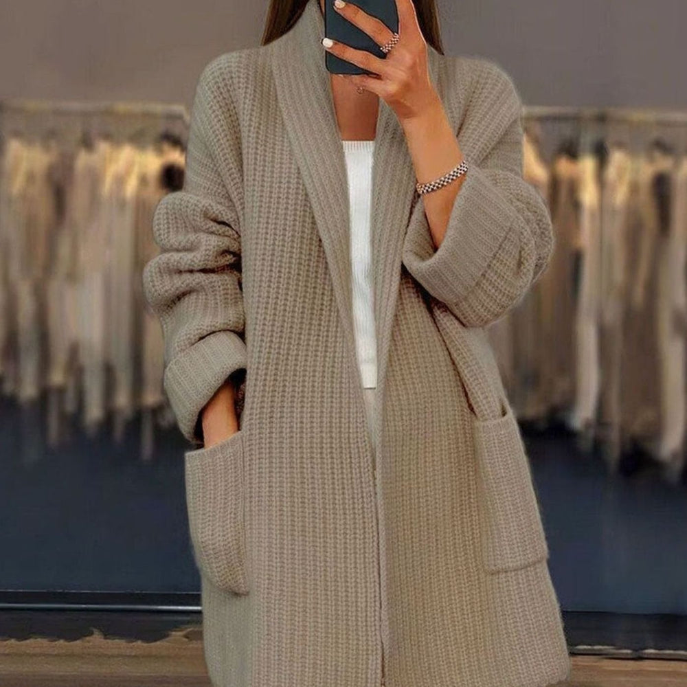 Women's Oversized Relaxed Fit Cardigan Open Front Knit Pockets - Khaki
