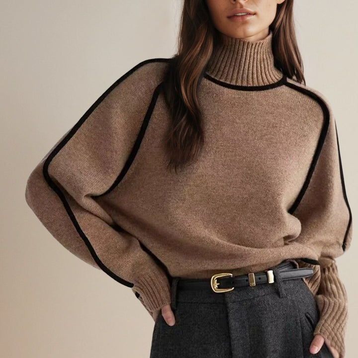 Women's Oversized Ribbed Turtleneck Sweater Contrast Stripe Trim - Brown