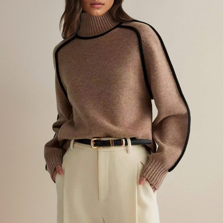 Women's Oversized Ribbed Turtleneck Sweater Contrast Stripe Trim