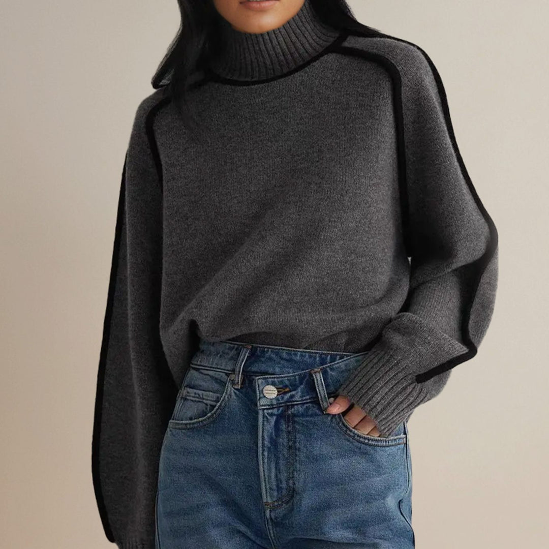 Women's Oversized Ribbed Turtleneck Sweater Contrast Stripe Trim - Grey