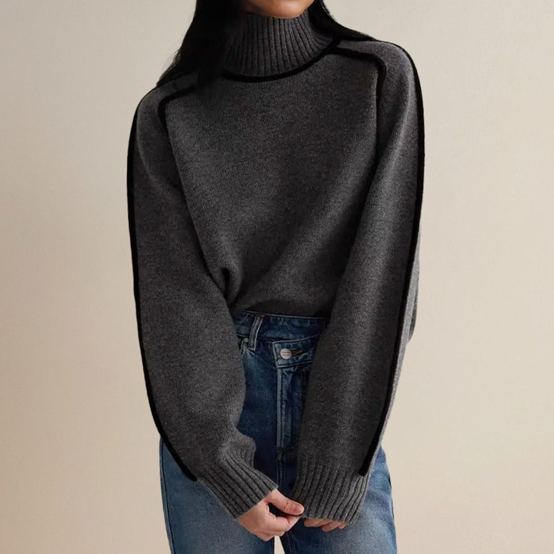 Women's Oversized Ribbed Turtleneck Sweater Contrast Stripe Trim