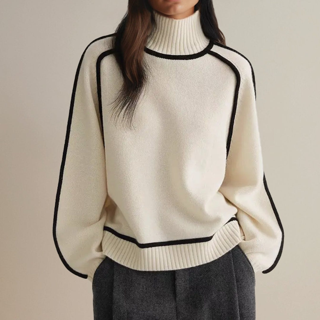 Women's Oversized Ribbed Turtleneck Sweater Contrast Stripe Trim - White