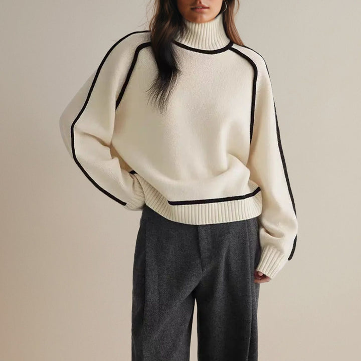 Women's Oversized Ribbed Turtleneck Sweater Contrast Stripe Trim