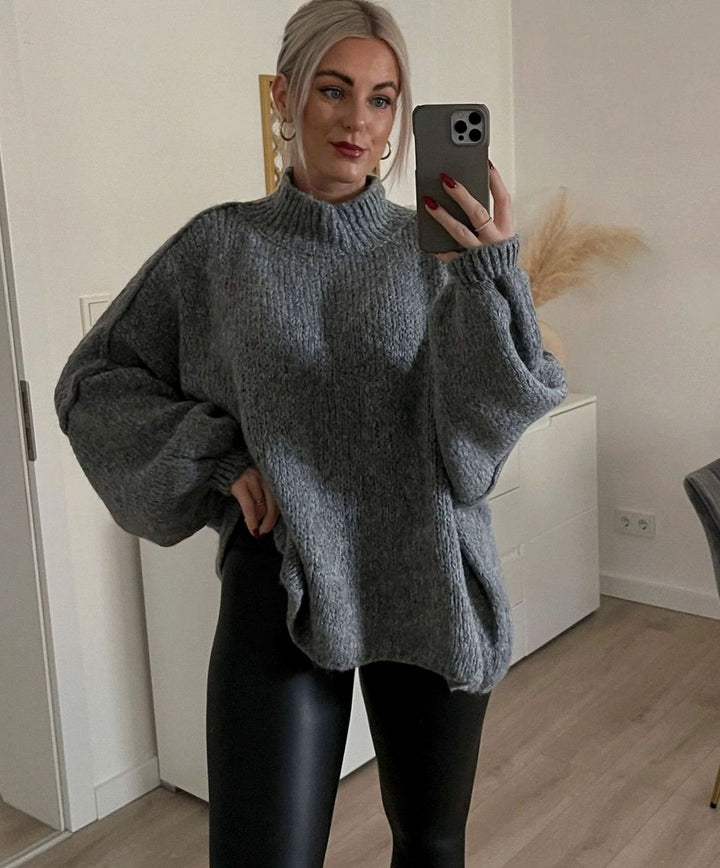 Women's Oversized Turtleneck Sweater Long Sleeve Cozy Knit Pullover - Dark Grey