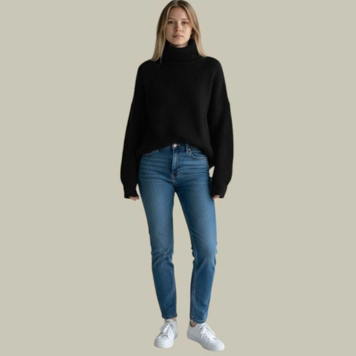 Women's Oversized Turtleneck Sweater Relaxed-Fit Long Knit Pullover - Black