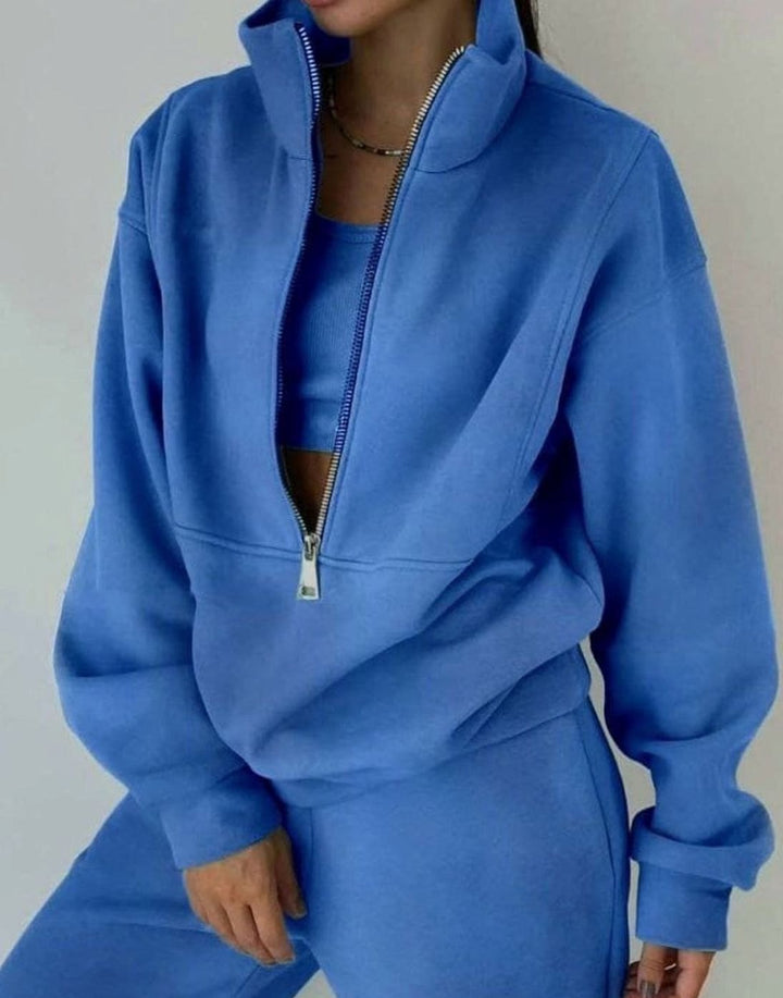 Women's Oversized Two-Piece Set Half-Zip Crop Sweatshirt Jogger Lounge Set - Blue
