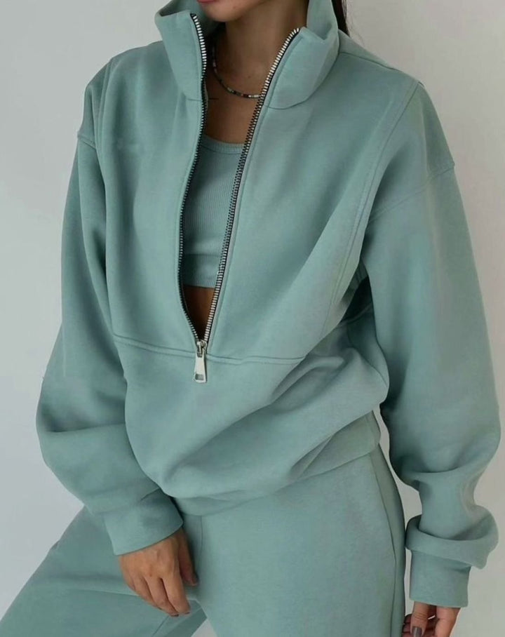 Women's Oversized Two-Piece Set Half-Zip Crop Sweatshirt Jogger Lounge Set - Green