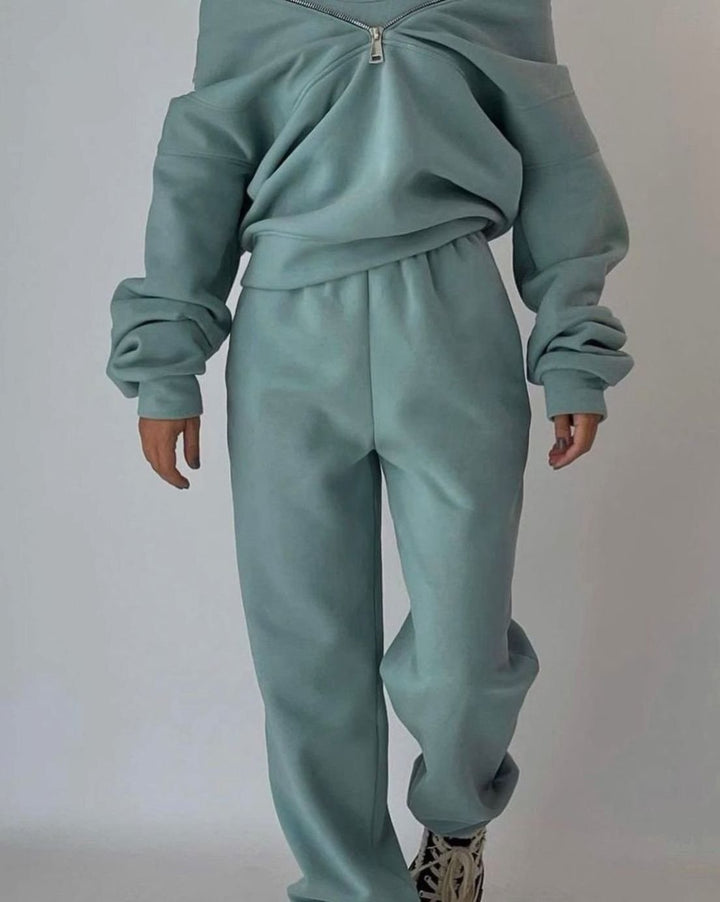 Women's Oversized Two-Piece Set Half-Zip Crop Sweatshirt Jogger Lounge Set