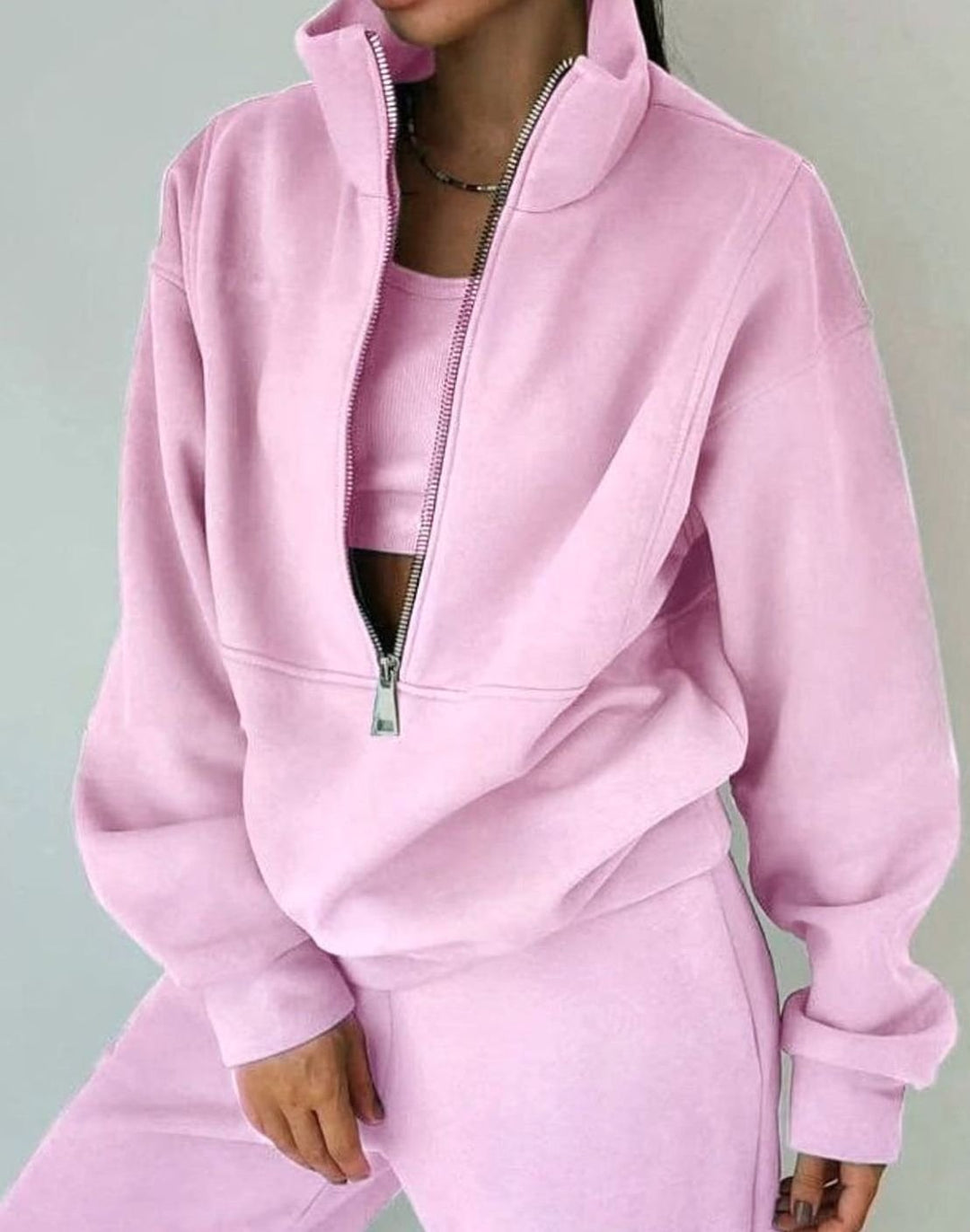 Women's Oversized Two-Piece Set Half-Zip Crop Sweatshirt Jogger Lounge Set - Pink