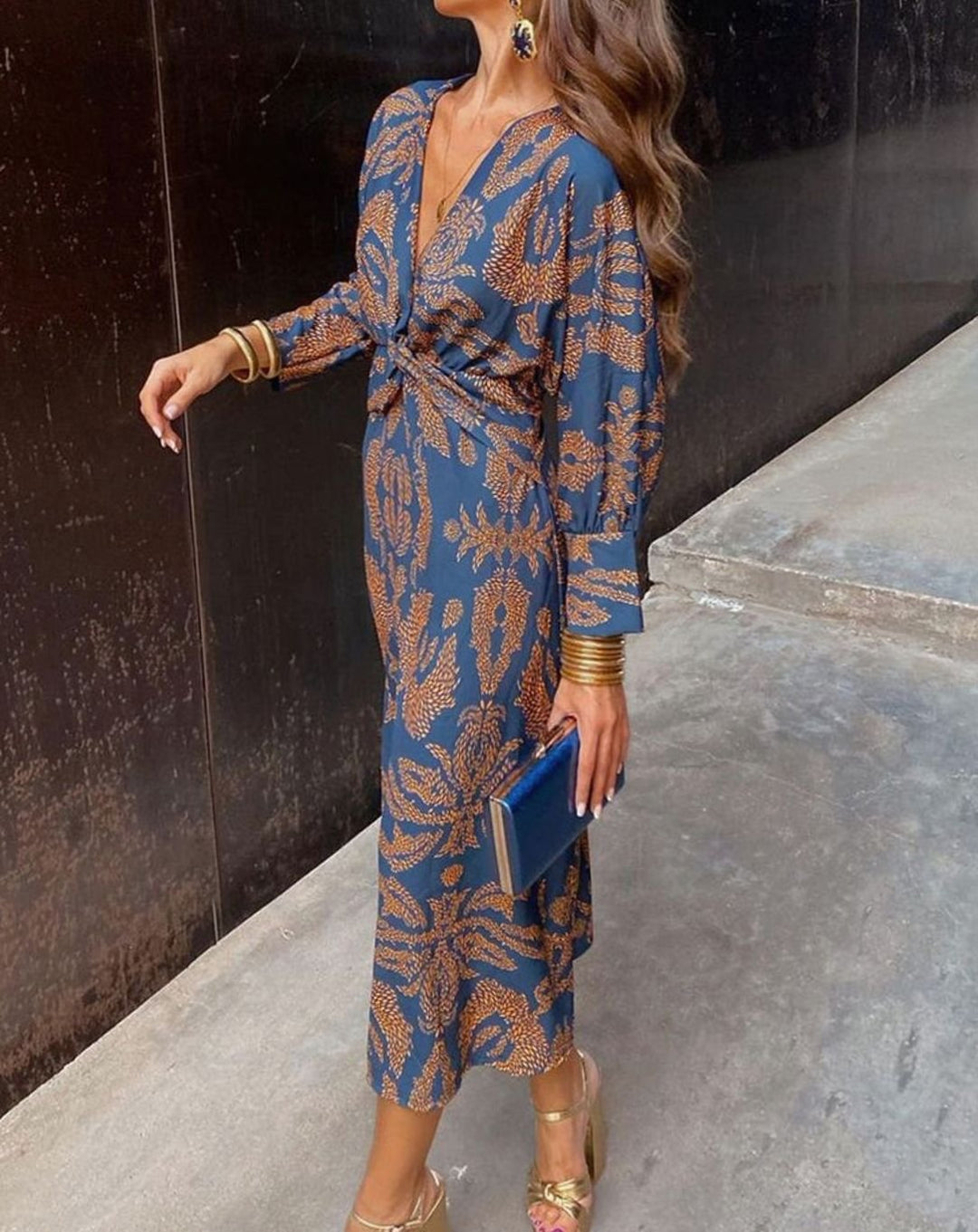 Women's Paisley Print V-Neck Knotted Long-Sleeve Maxi Dress - Blue