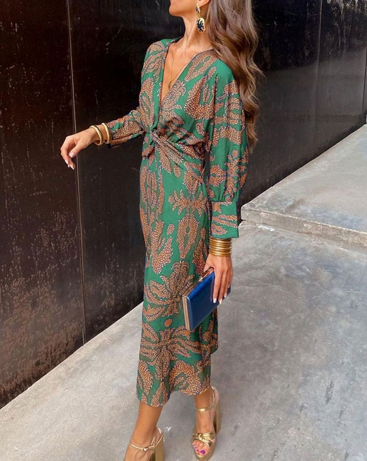 Women's Paisley Print V-Neck Knotted Long-Sleeve Maxi Dress - Green