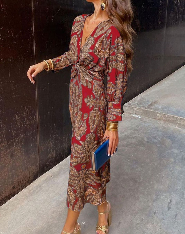 Women's Paisley Print V-Neck Knotted Long-Sleeve Maxi Dress - Red