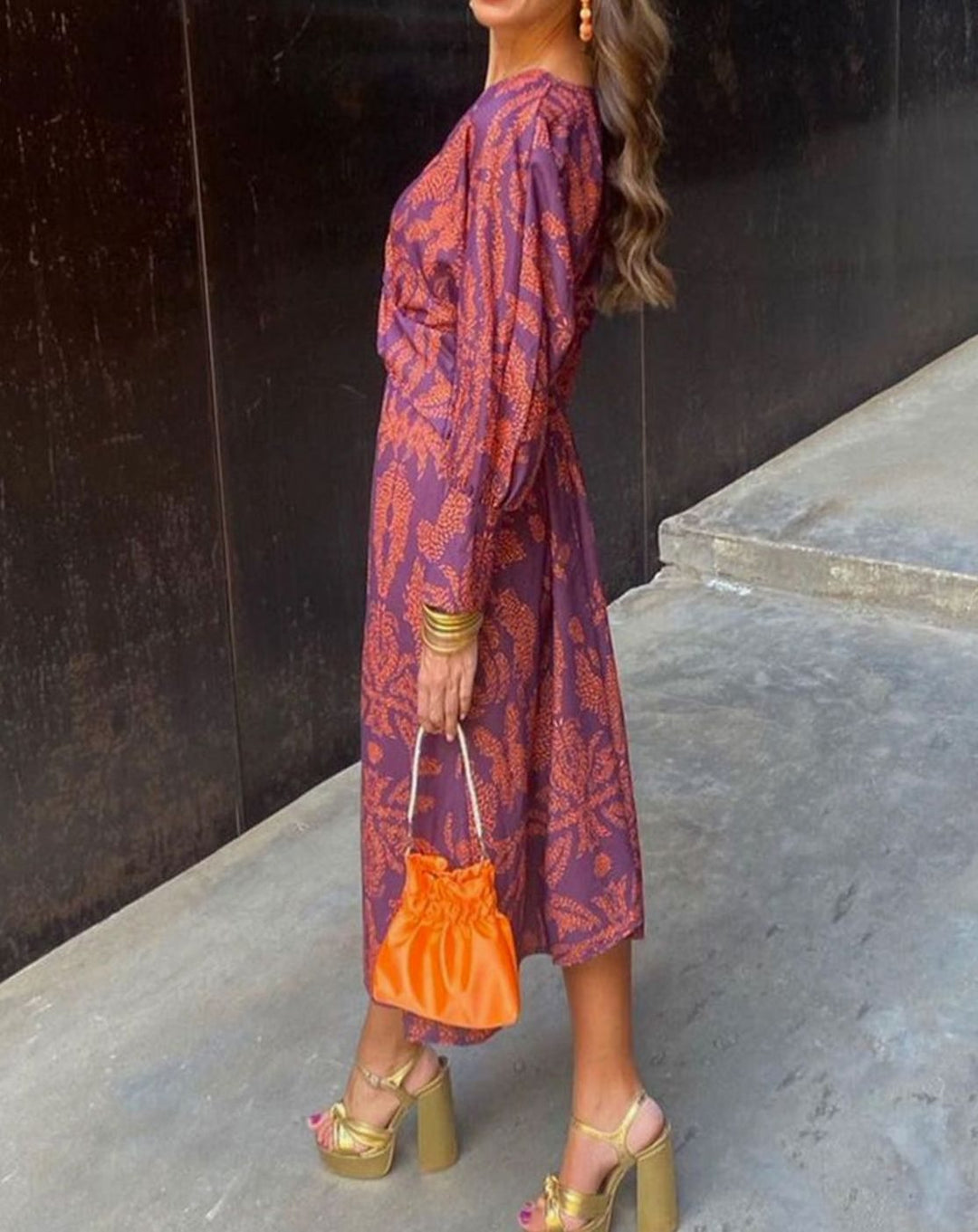 Women's Paisley Print V-Neck Knotted Long-Sleeve Maxi Dress - Purple
