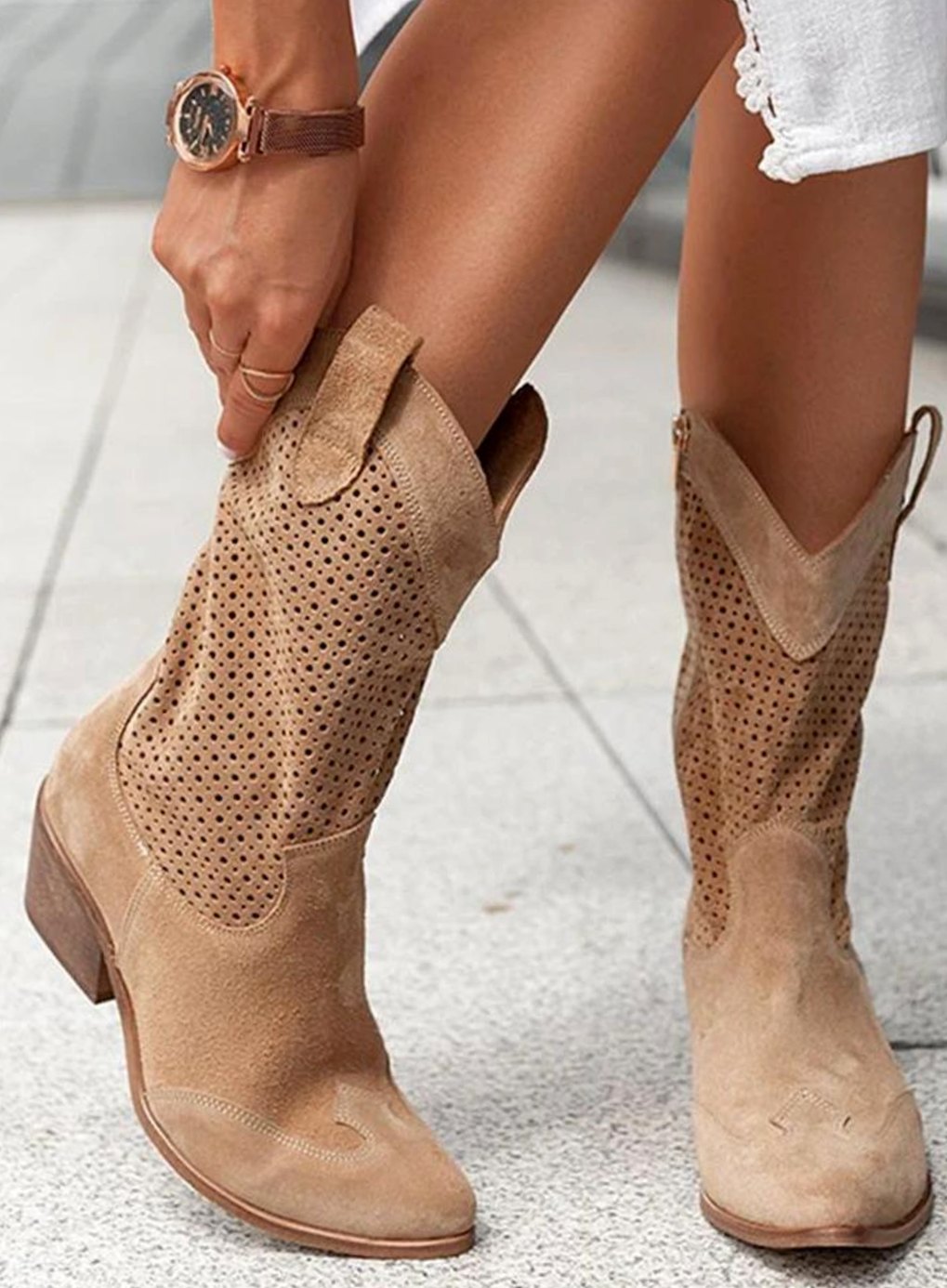 Women's Perforated Western Boots Mid-Calf Block Heel Suede - Brown